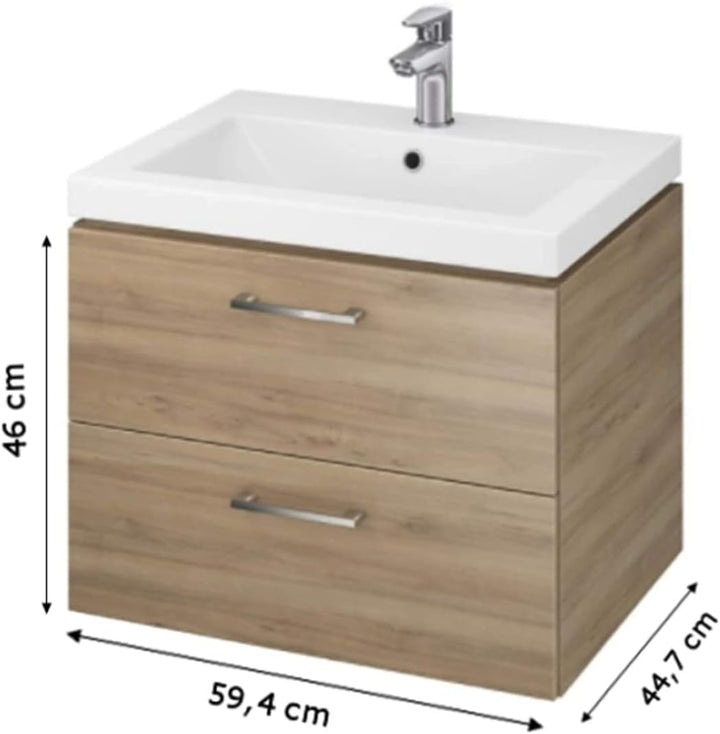 VBChome Waschbecken mit Unterschrank Nussbaum 60 cm mit Armatur und Pop Up ventil 2 Schubladen Weiss