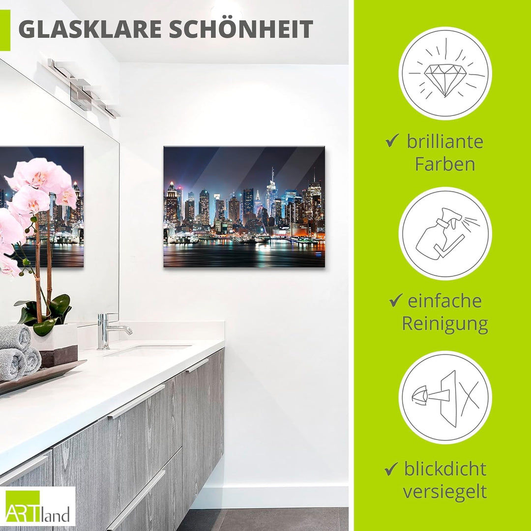 ARTland Glasbilder Wandbild Glas Bild einteilig 80x60 cm Querformat USA New York Skyline Nacht Times