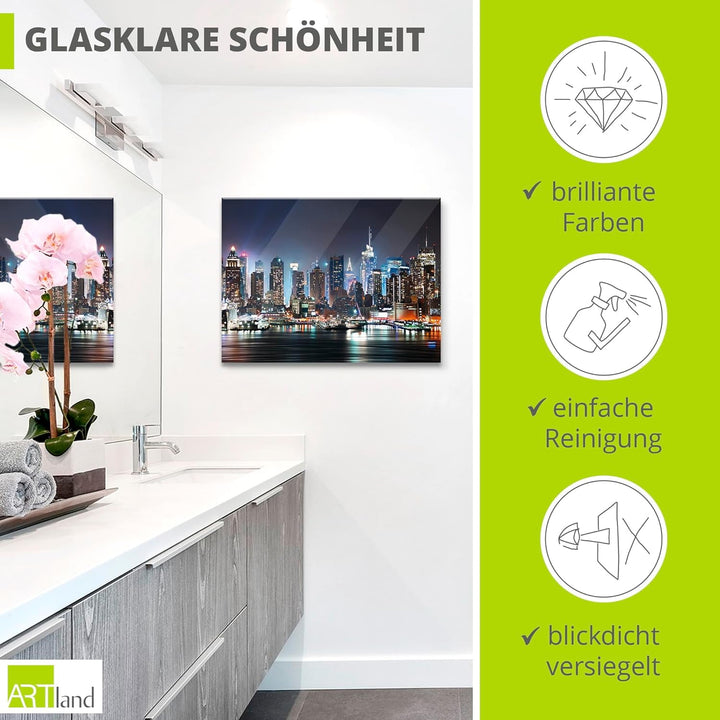 ARTland Glasbilder Wandbild Glas Bild einteilig 80x60 cm Querformat USA New York Skyline Nacht Times