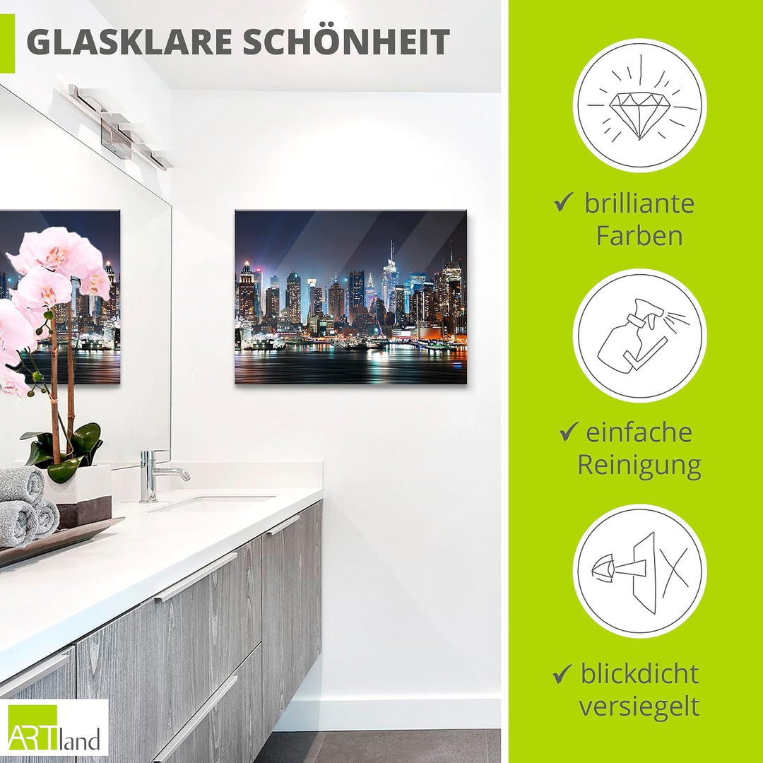 ARTland Glasbilder Wandbild Glas Bild einteilig 80x60 cm Querformat USA New York Skyline Nacht Times