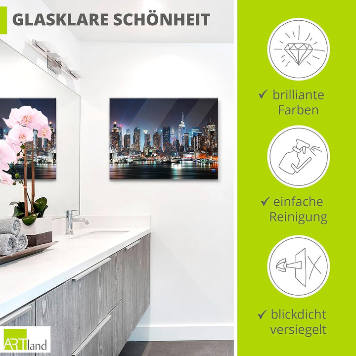 ARTland Glasbilder Wandbild Glas Bild einteilig 80x60 cm Querformat USA New York Skyline Nacht Times