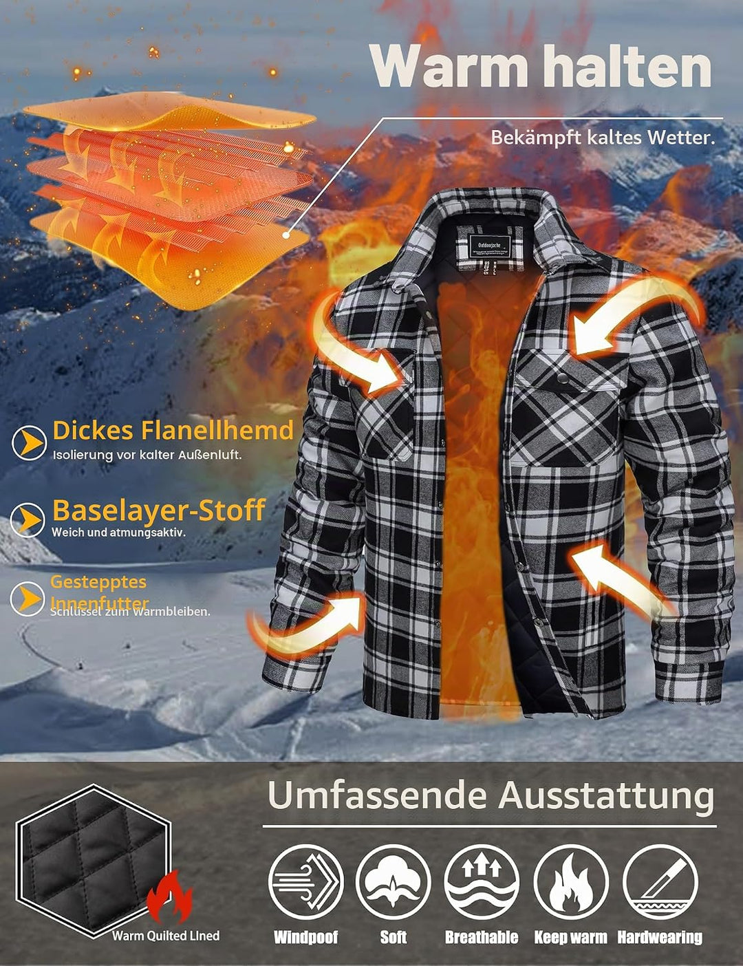 TACVASEN Herren Karierte Hemdjacke Flanellhemd Holzfällerhemd Thermohemd Jacke 3XL Schwarz, 3XL Schw