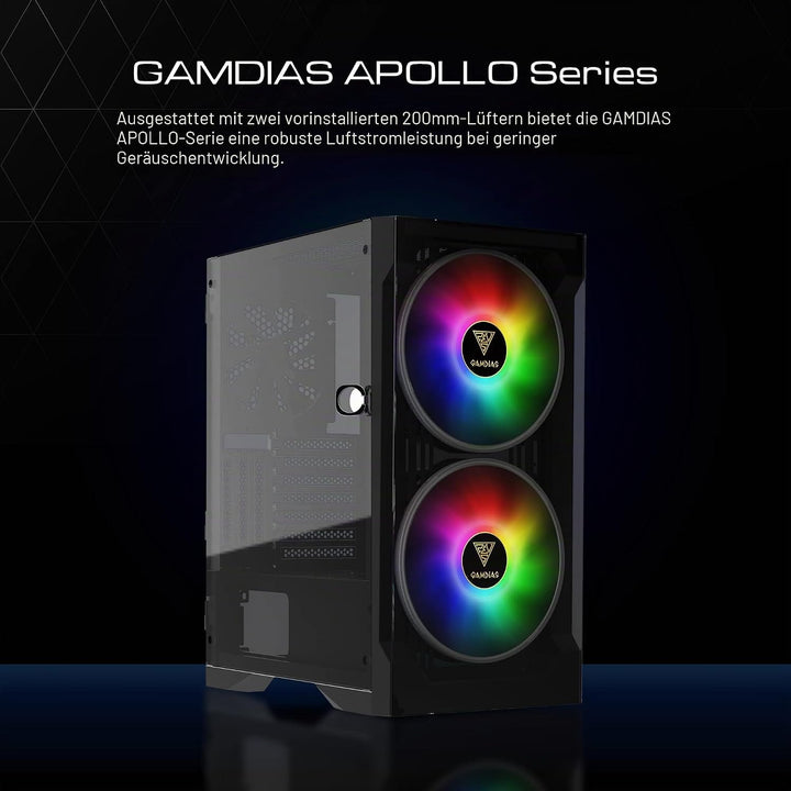 GAMDIAS Apollo E2 Elite Gaming-PC-Gehäuse, Mid-Tower-ATX-Gehäuse, gehärtete Glasscheibe, 3Dual einge