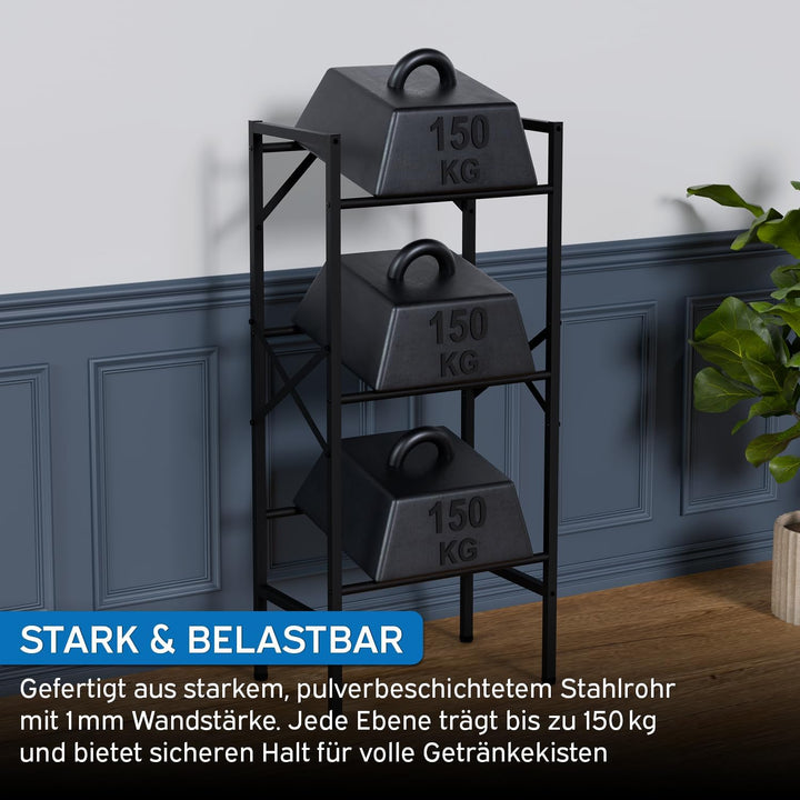 kör4u Getränkekistenregal Schwarz für 3 Kisten - Robustes Stahlregal mit 450 kg Tragkraft - Platzspa