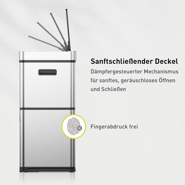 EKO Mirage Plus Mülltrennsystem mit 3 Fächer, 2 x 15 L und 30 L, Recycler Mülleimer mit Sensor, 3 Ku