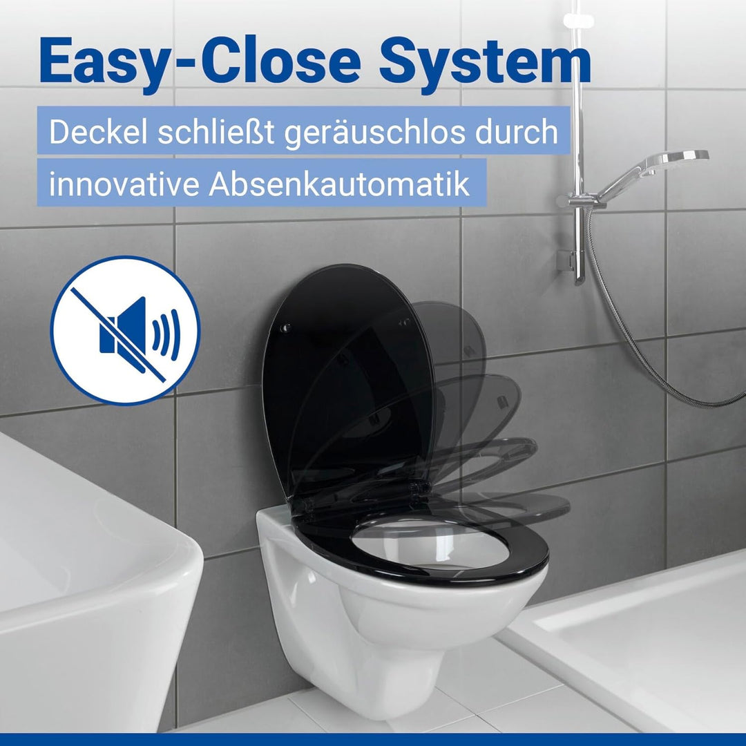 WENKO Premium WC-Sitz Kos Schwarz, Toilettendeckel mit Absenkautomatik und Fix-Clip Hygiene Befestig