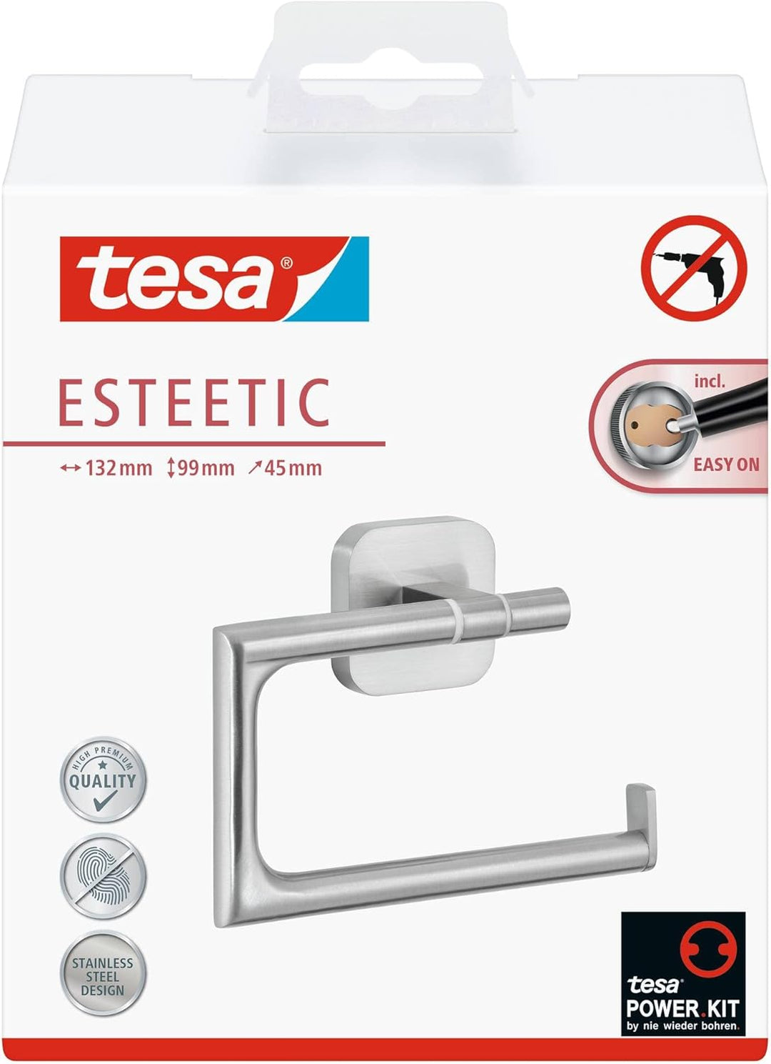 tesa ESTEETIC Toilettenpapierhalter ohne Deckel, verchromt - zur Wandbefestigung ohne Bohren, inkl.