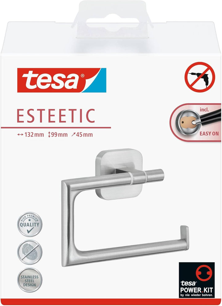 tesa ESTEETIC Toilettenpapierhalter ohne Deckel, verchromt - zur Wandbefestigung ohne Bohren, inkl.