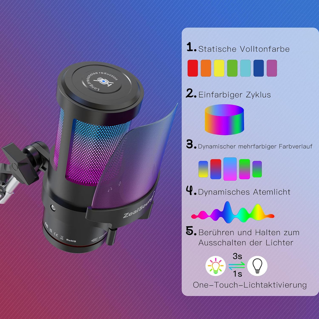 ZealSound USB Gaming Mikrofon für PC/Mac/Handy mit 2 Ständer & 2 Adapters, 192kHz/24bit mit Noise Ca