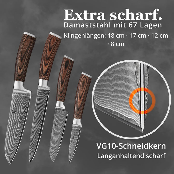Wakoli Edib 4er Damastmesser-Set mit Klingenlängen von 8,50cm bis 18,00cm extrem scharf aus 67 Lagen