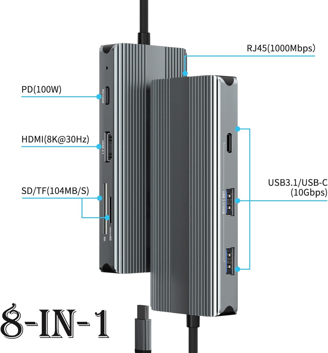 USB C Hub, USB C Laptop Docking Station with 8K HDMI, 100W PD, USB-C, Gigabit Ethernet, 2 USB, SD/TF