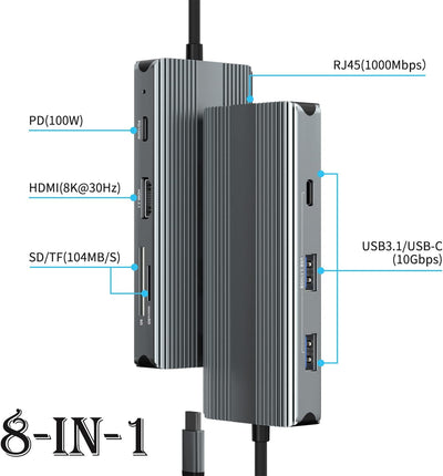 USB C Hub, USB C Laptop Docking Station with 8K HDMI, 100W PD, USB-C, Gigabit Ethernet, 2 USB, SD/TF