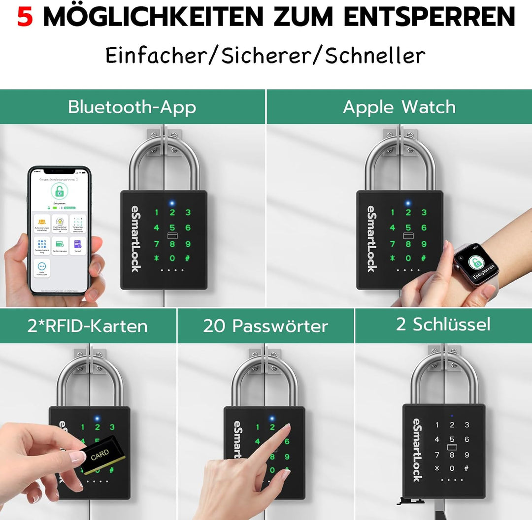 Eseesmart Smart Zahlenschloss Vorhängeschloss, Bluetooth Schloss mit Zahlencode RFID, Wetterfestes G