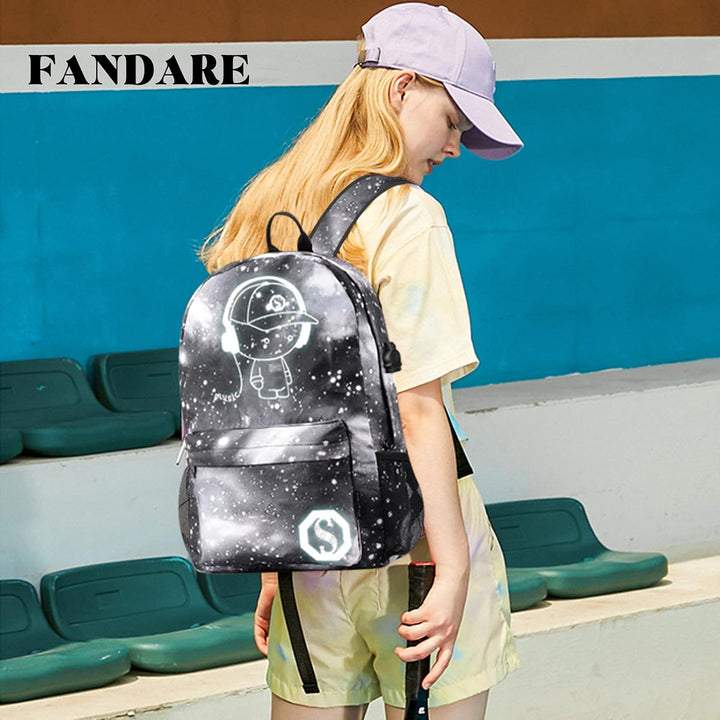 FANDARE Schulrucksack Galaxy Leuchtend Schultasche Junge Mädchen Rucksäcke Schulranzen mit USB Teena