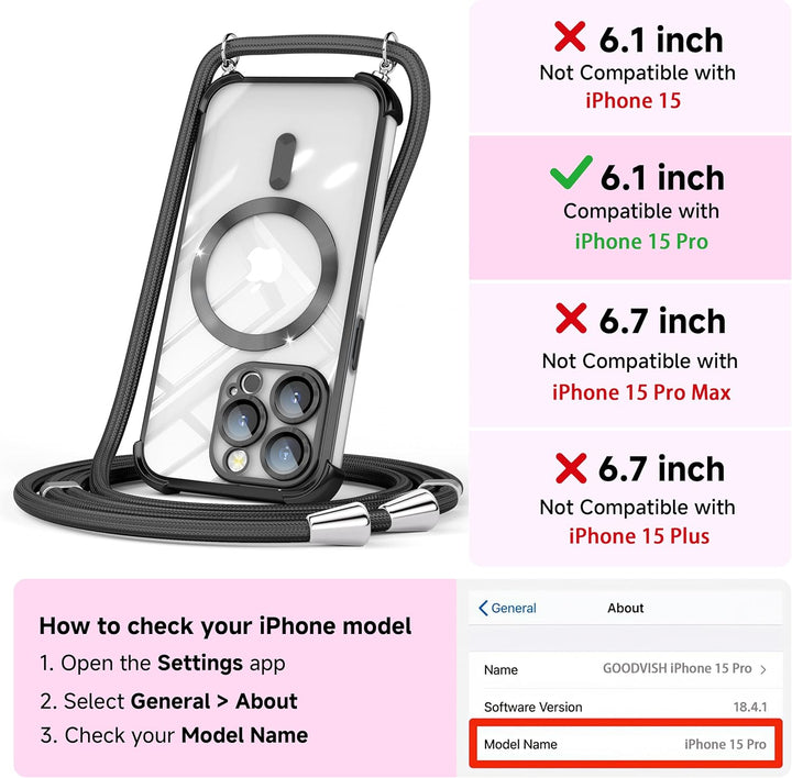 GOODVISH Handykette für iPhone 15 Pro Hülle mit Band, mit 2 Stück Schutzfolie, Necklace Handyhülle m