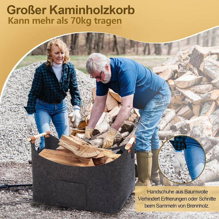 FINEW Holzkorb für Kaminholz 96L, Kaminholzkorb mit Handschuhen 60 x 40 x 40CM, Grosse Filzkorb Feue
