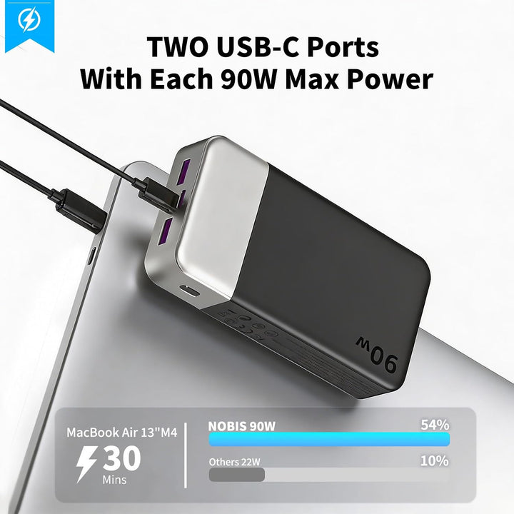 NOBIS 90W 20.000 mAh Powerbank, Tragbarer Laptop-Ladegerät mit 4 Anschlüssen, PD Schnellladung, Digi