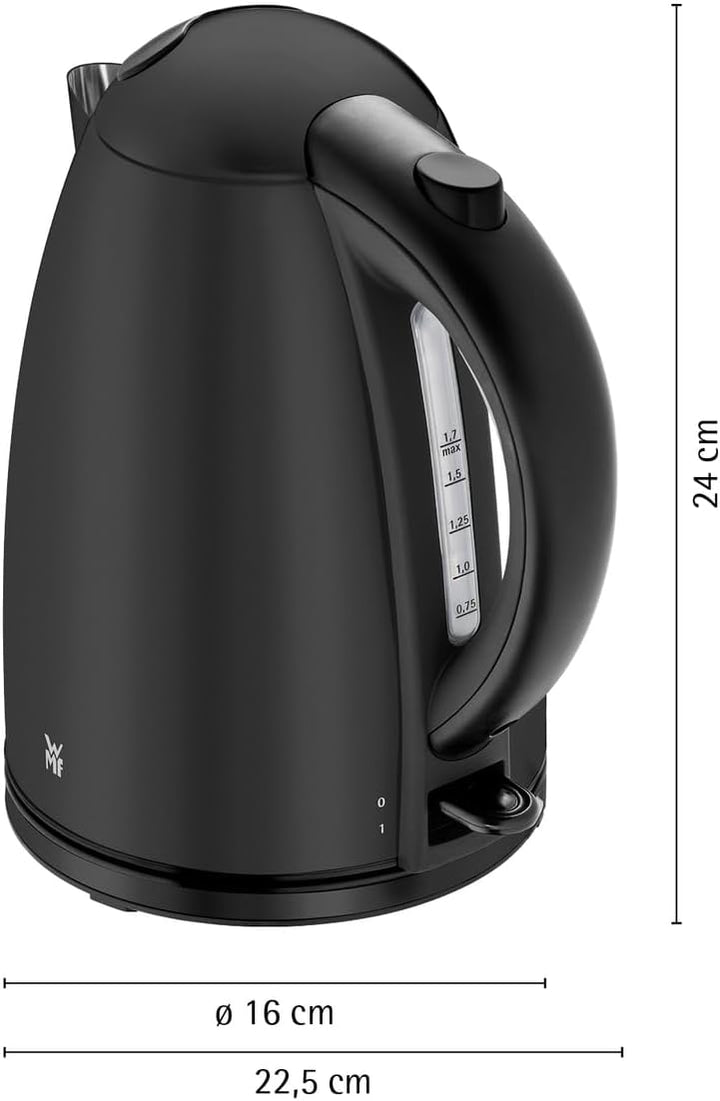 WMF Stelio Wasserkocher Edelstahl 1,7L, Elektrischer Wasserkocher mit Kalkfilter, 2400 W, Wasserstan
