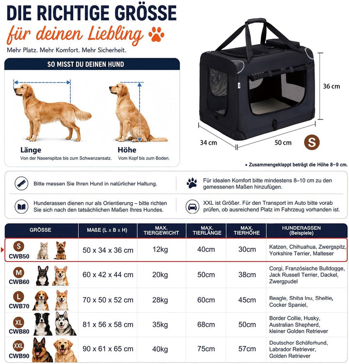 Zedelmaier Hundebox Faltbar Hundetransportbox, S 50x36x34cm, robust Transportbox für Hund & Katze Gr