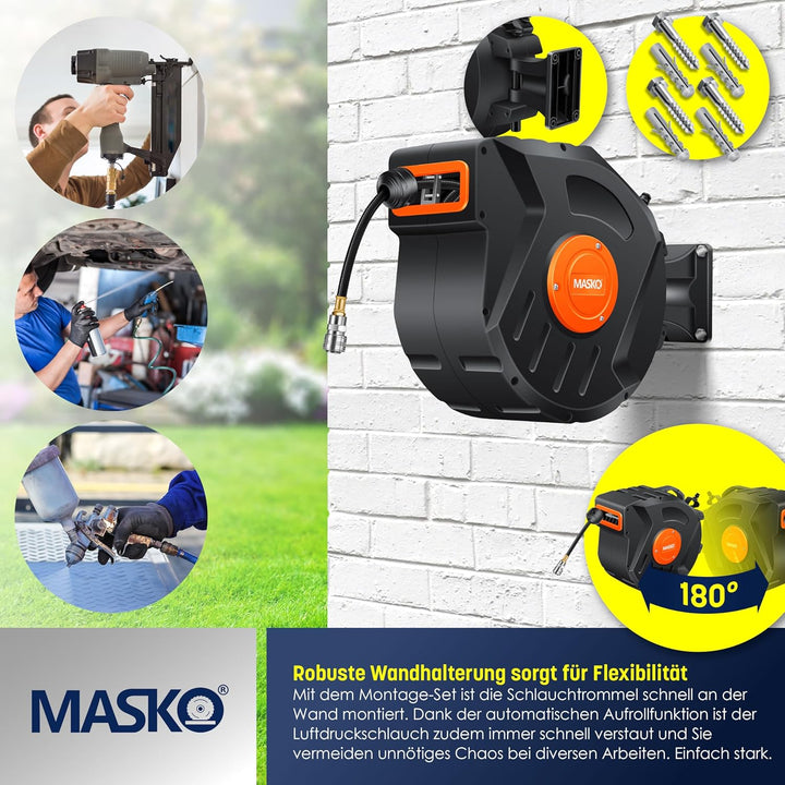 MASKO® Automatik Druckluftschlauch Aufroller 20m – Schlauchtrommel mit 1/4" Anschluss, Schlauchaufro