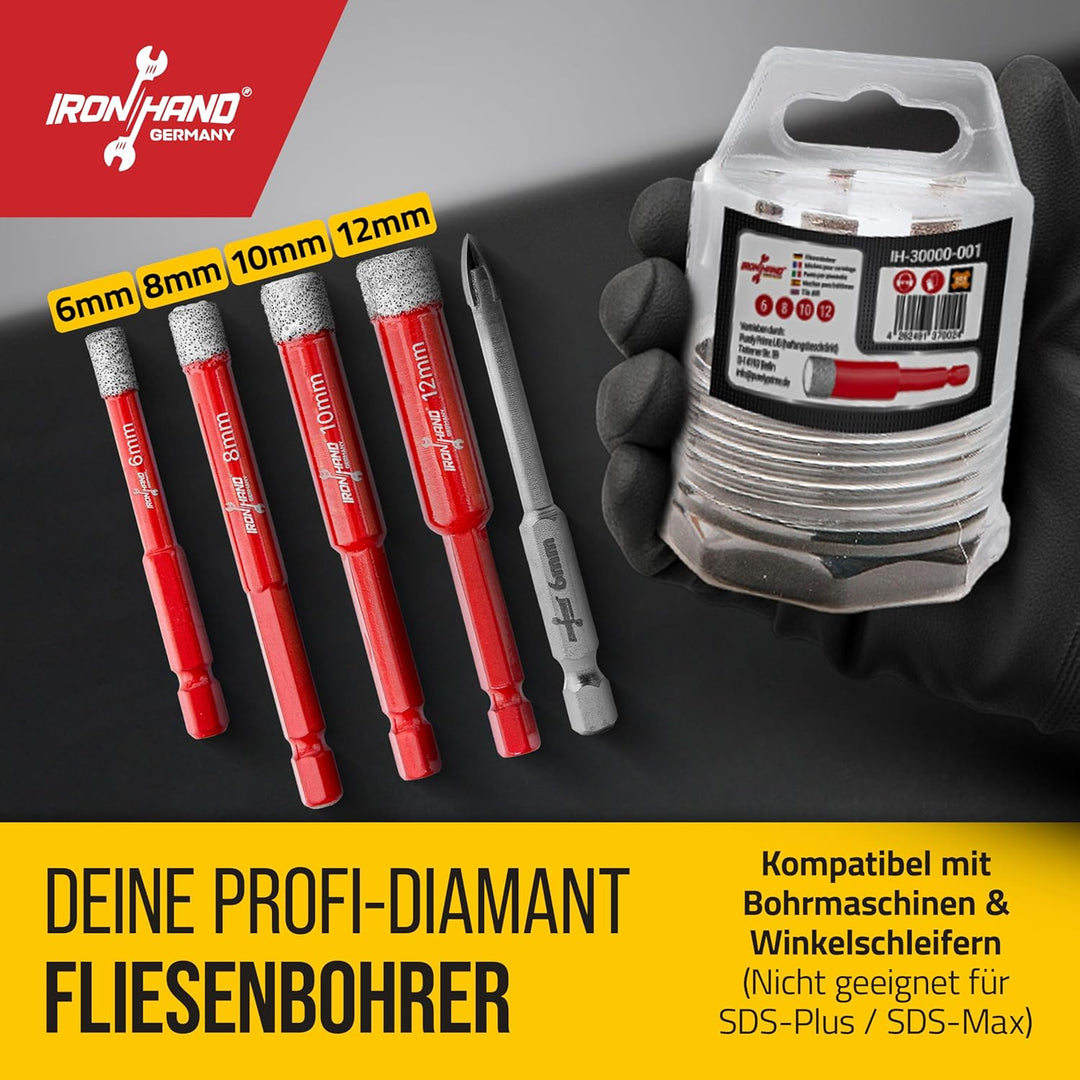 4er Fliesenbohrer Set - 6mm, 8mm, 10mm, 12mm - Lochsäge, Bohrer für Fliesen, Granit, Porzellan, Marm