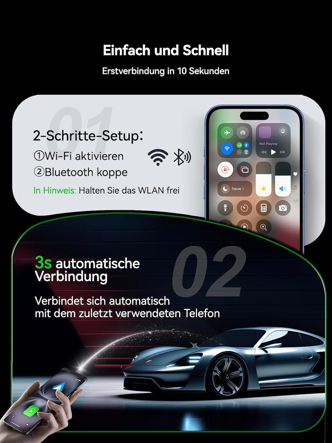 Spedal CarPlay Wireless Android Auto Adapter – per Tastendruck zwischen Zwei Handys wechseln (iPhone