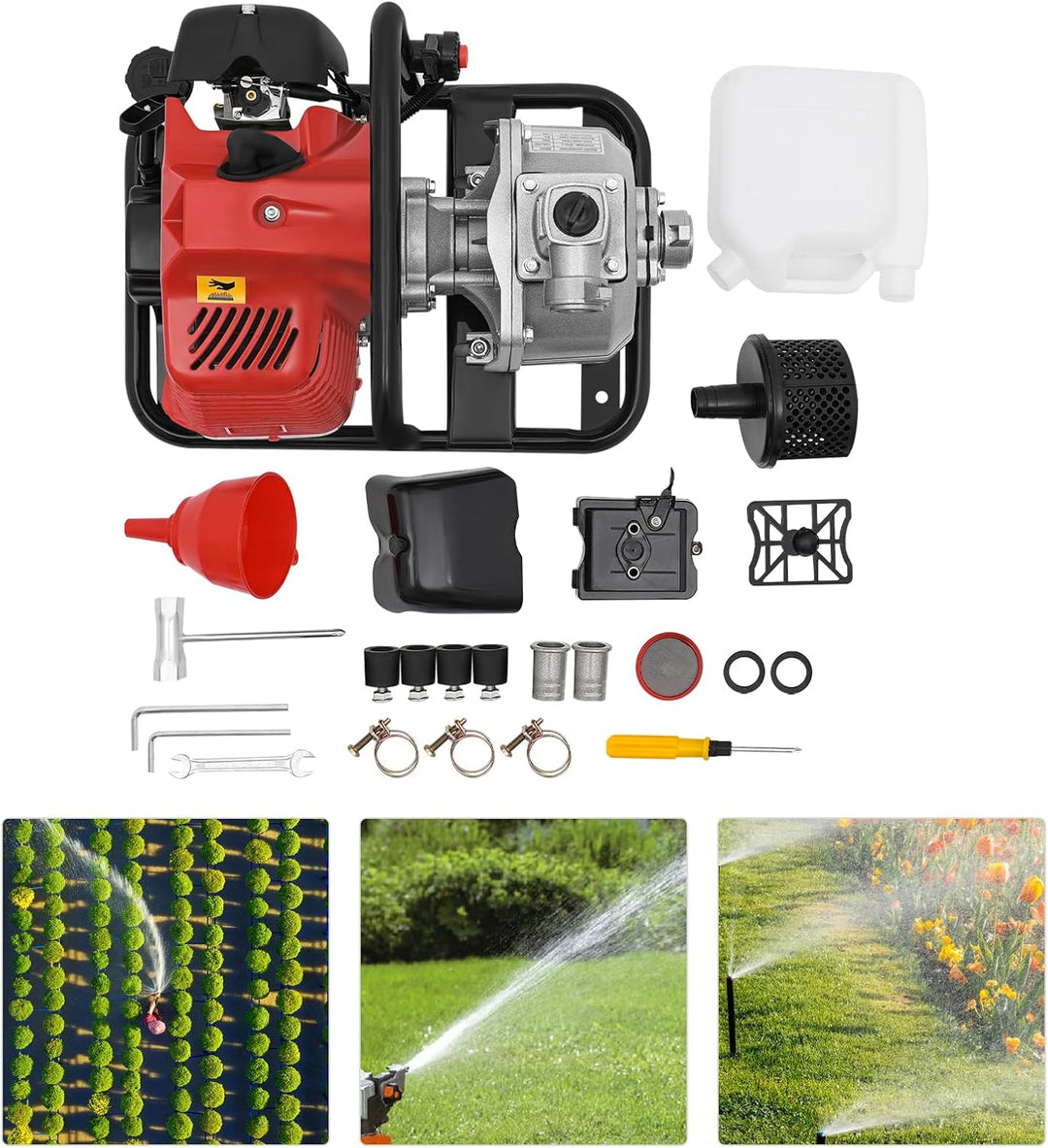 Benzin Wasserpumpe, 2-Takt-Motor Wasserpumpe mit 1200ml Ölflasche, 43CC Gartenpumpe Selbstansaugend,