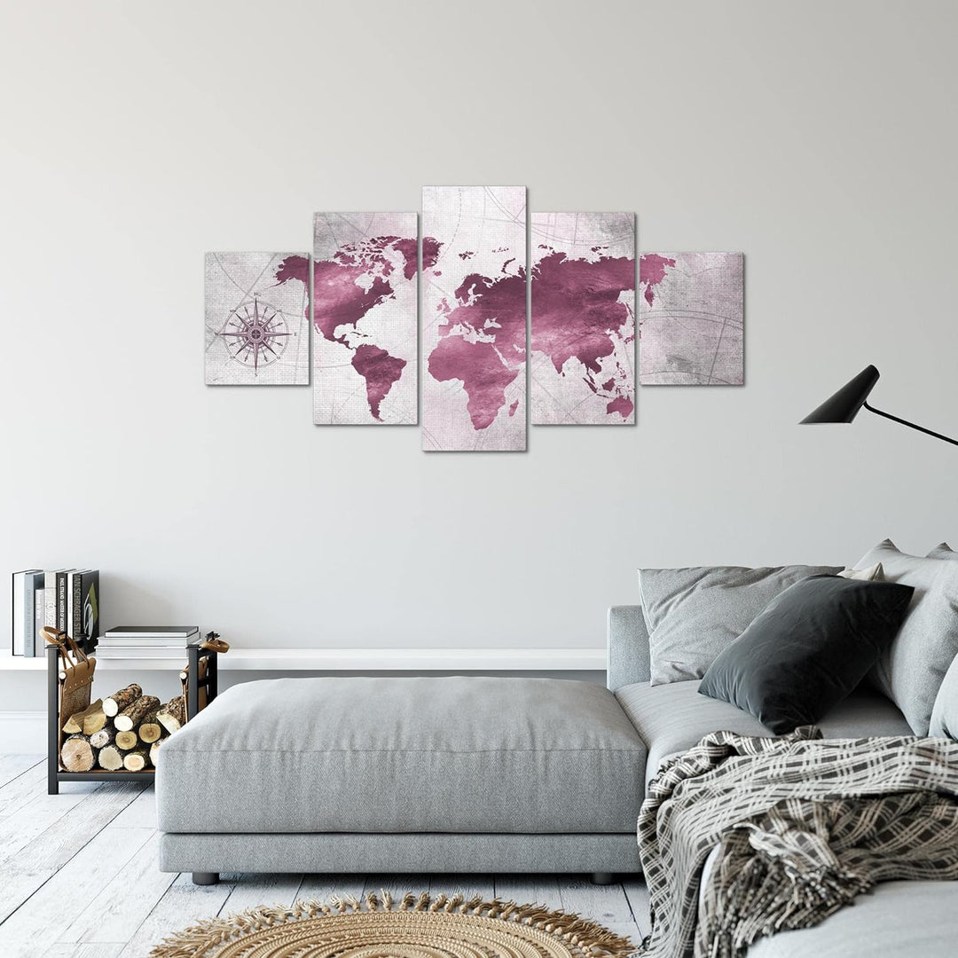 Runa Art Bild Büro Wohnzimmer Weltkarte 5 Teilig Vintage Antik Pink Wandbilder auf Vlies Leinwand 02