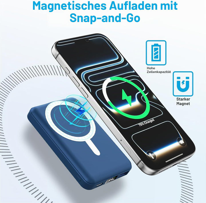 AOGUERBE for MagSafe Wireless Power Bank, Magnetische Powerbank 10000mAh mit USB C in&amp;Out, 22,5W Sch