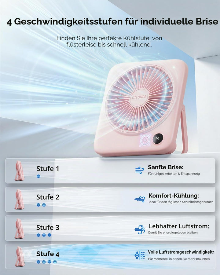 Otlonpe Tischventilator Leise, 4000mAh Akku Tisch Ventilator Tragbar, 23H Laufzeit Tischventilatoren