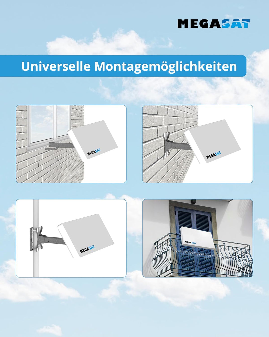 Megasat Flachantennen Set – D1 Profi-Line (1 Teilnehmer, inkl. 10 m Kabel, Satfinder, Fensterdurchfü