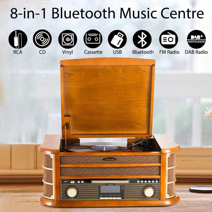 SHUMAN 8 IN 1 Holzmusik System mit Plattenspieler,CD-MP3-Player,Kabellos,USB-Anschluss,DAB, FM-Radio