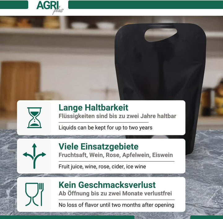 AGRI plus Standbodenbeutel in Schwarz I 0,75 Liter I 10 Stück I Hochwertige Saftbeutel mit Zapfhahn