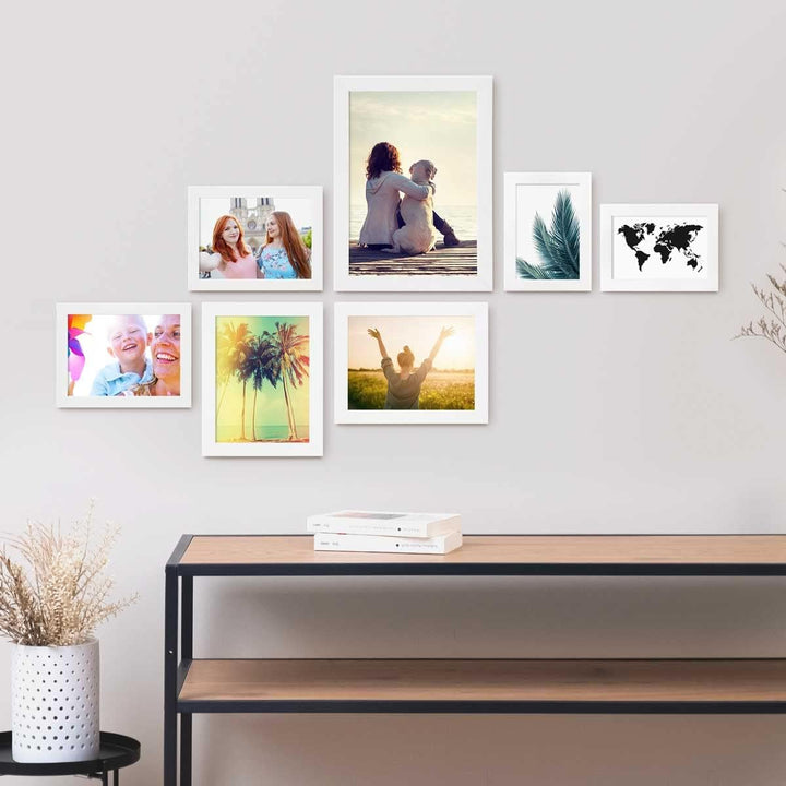 PHOTOLINI Bilderrahmen Set Weiss, Fotorahmen Holz MDF, 7er Bilderrahmenset Wand Collage, photo frame