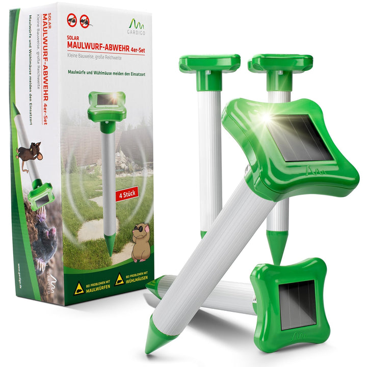 GARDIGO® Maulwurfvertreiber mit Solar und integriertem Akku 4er Set I Maulwurfschreck I Wühlmausvert