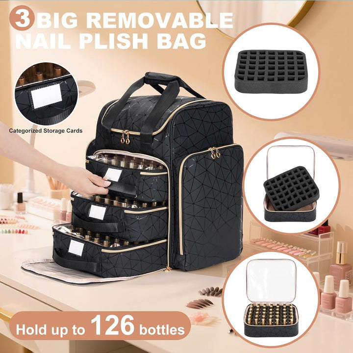 Uross Nagellack Organizer für 126 Nagellackflaschen und 1 LED-Nagellampe, Nagellack Aufbewahrung Tas
