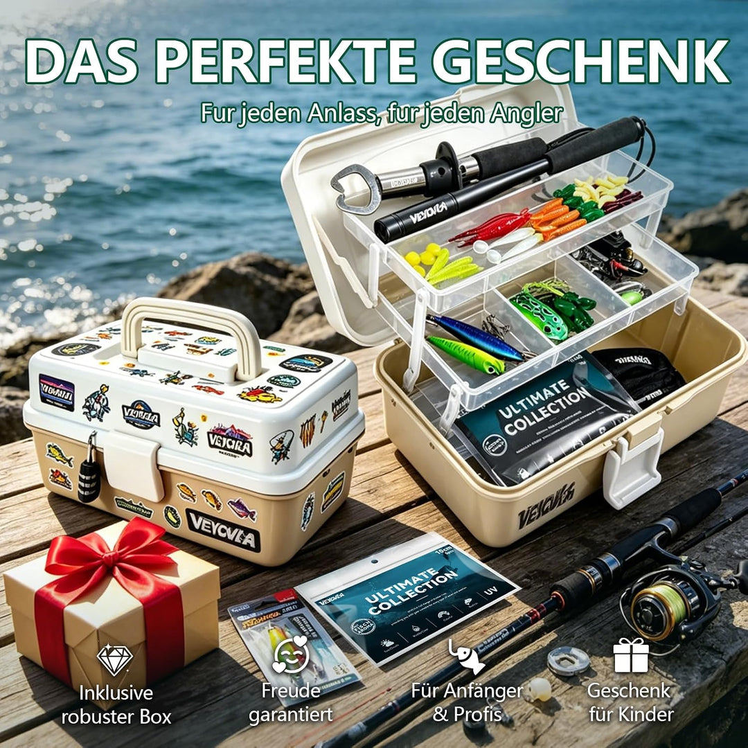 376 Stück Angelzubehör Set,Angeln Köder Set Angelkoffer mit Zubehör- Fischtöter Angelzange Hakenlöse
