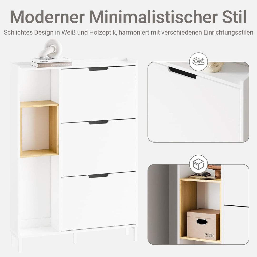 SoBuy Schuhschrank Schmal Weiss Bambus – Kompakter Schuhkipper mit 3 Klappen, Offenem Holzrahmen, Pl
