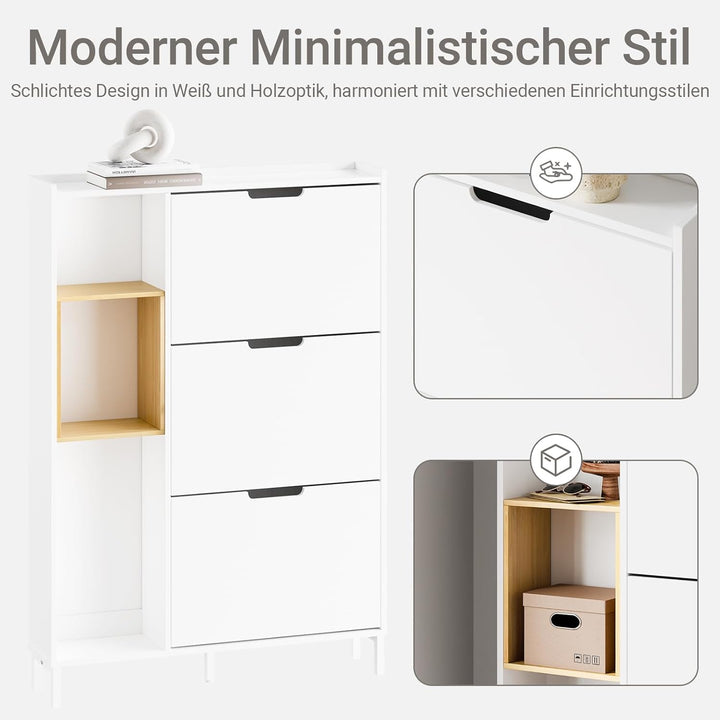 SoBuy Schuhschrank Schmal Weiss Bambus – Kompakter Schuhkipper mit 3 Klappen, Offenem Holzrahmen, Pl