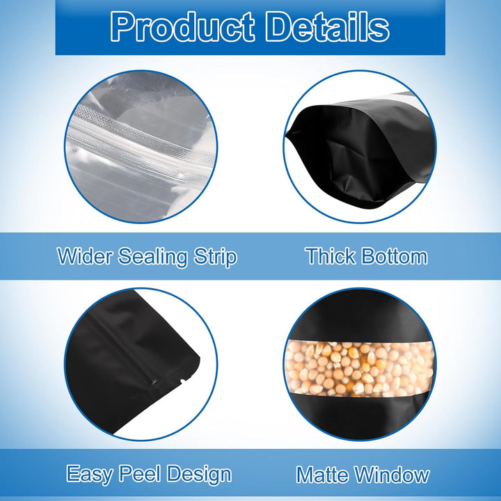 MIVIDE 100 Stück Wiederverschliessbare Mylar Beutel, 15 x 22 cm Standbodenbeutel mit Fenster Schwarz