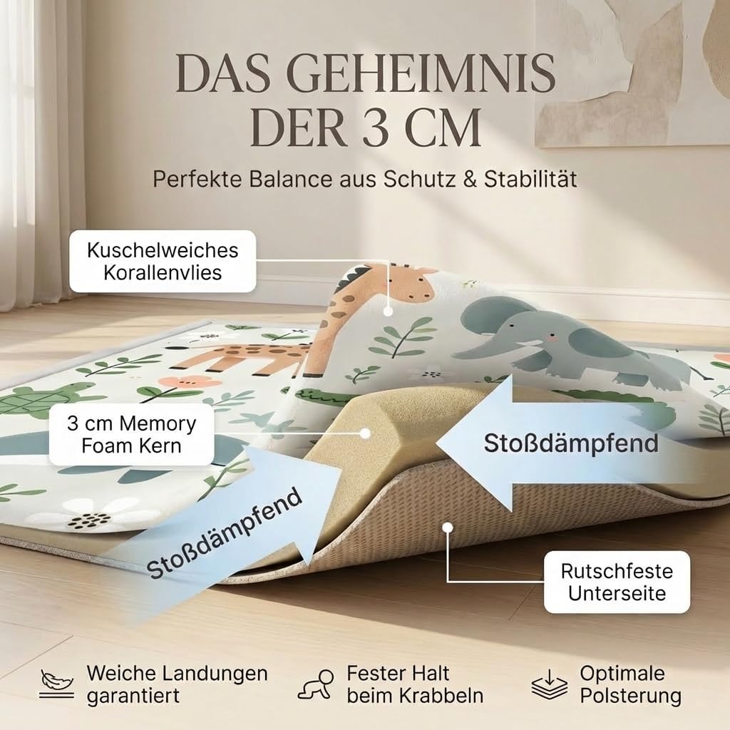 BabybeFun Krabbelmatte Baby - kuschelig weich - 3cm Dicke Spielmatte - schützt vor Stössen - Teppich