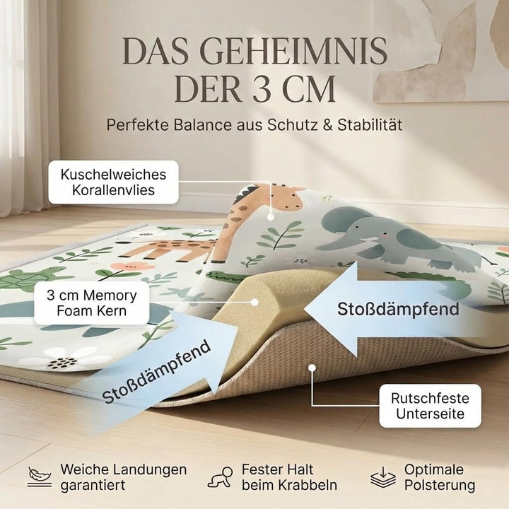 BabybeFun Krabbelmatte Baby - kuschelig weich - 3cm Dicke Spielmatte - schützt vor Stössen - Teppich