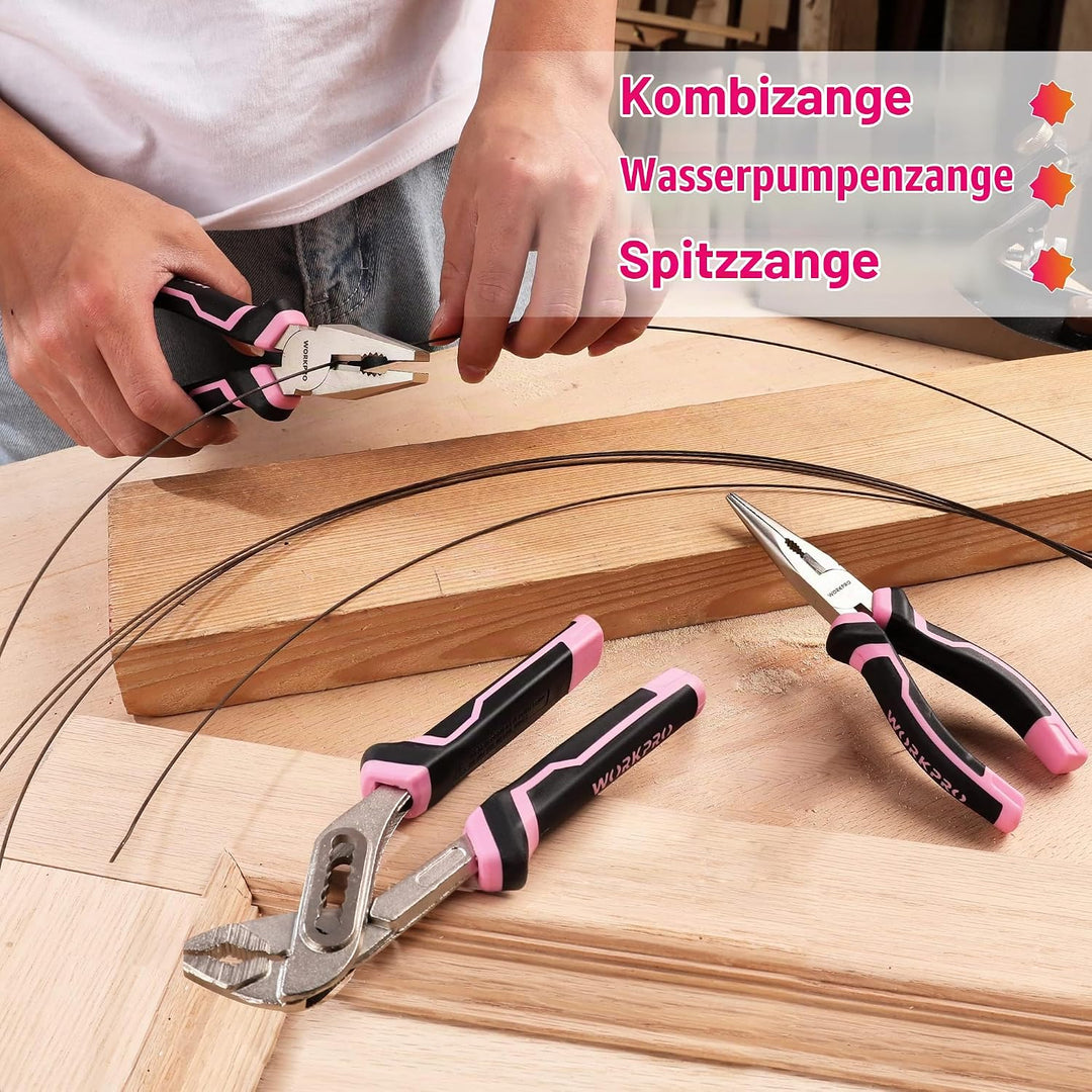 WORKPRO 53-tlg. Werkzeug Set Rosa mit Akkuschrauber klein, pink Werkzeugtasche gefüllt für Haushalt