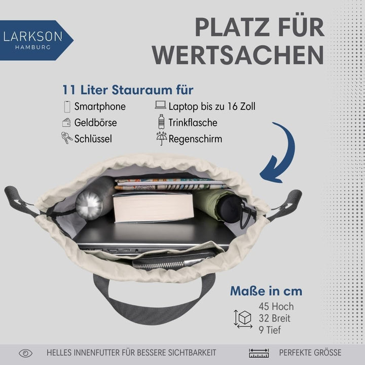 LARKSON Turnbeutel Damen &amp; Herren Sand Grau - No 7 - Rucksack Damen für Sport und Festival - Beutel