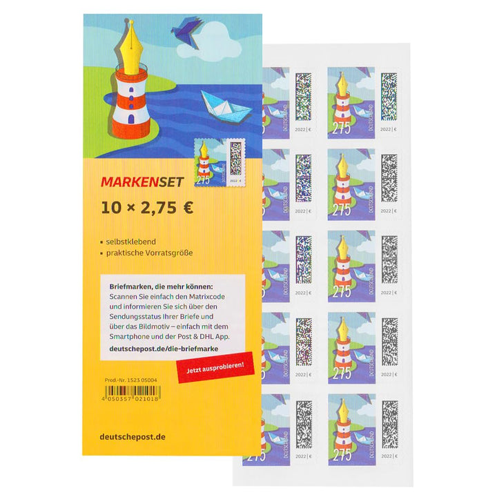 10 Stück 2,75 EUR postfrische Selbstklebende Briefmarken | Frankaturware Markenset (Motiv: Leuchtfed