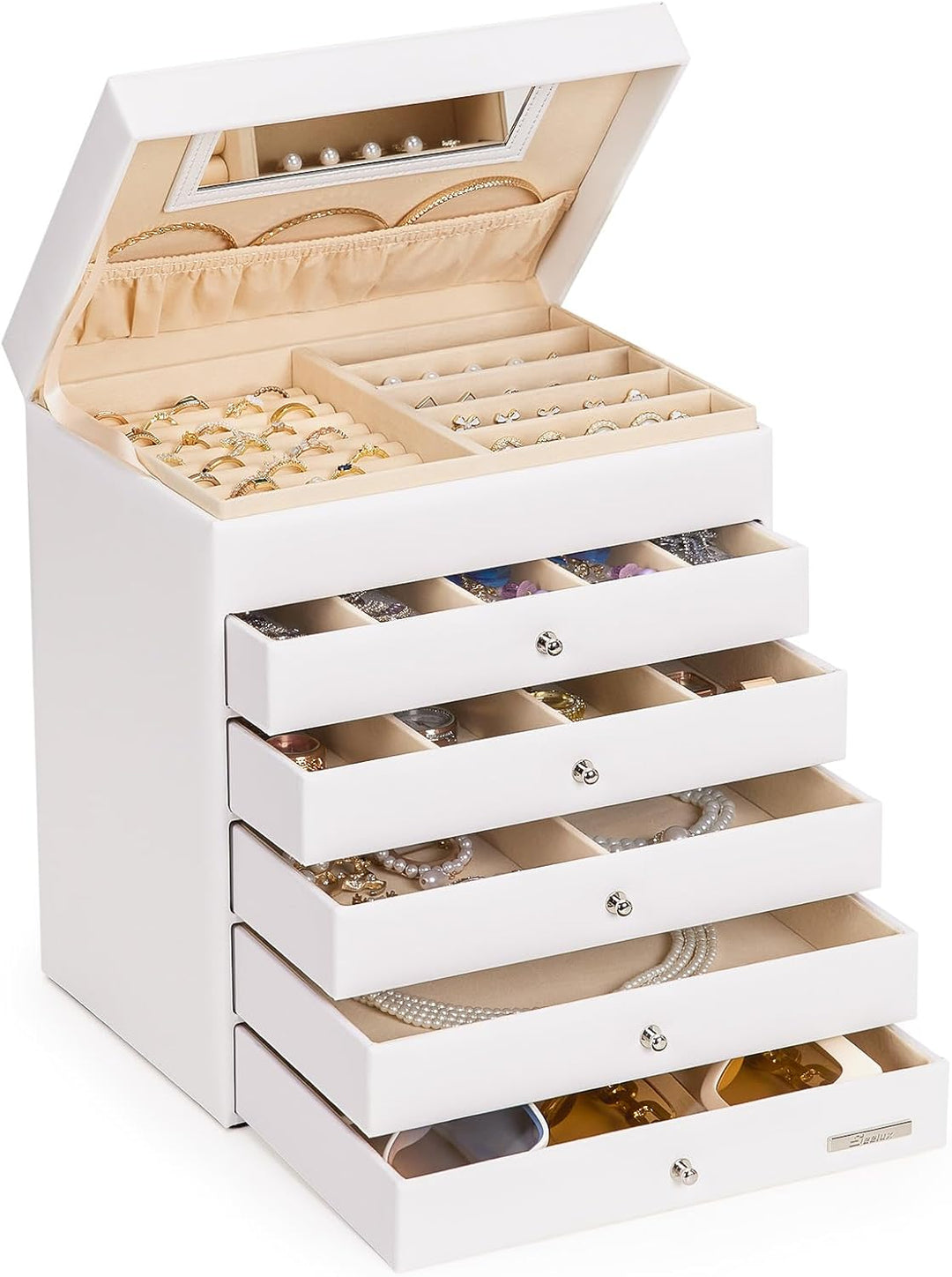 Yorbay Schmuckkästchen Seelux Serie Schmuckkoffer in Weiss, mit 5 Schubladen und Spiegel für Halsket