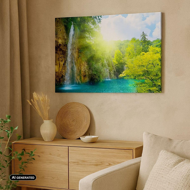 Bilder auf Leinwand 100x70cm Leinwandbild Wasserfall Forrest Himmel Gross Wanddeko Bild Schlafzimmer