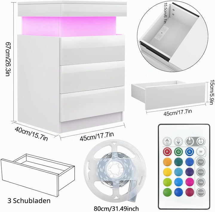 Nachttisch mit Steckdose, Nachtschrank mit Led Licht, Nachtkommode mit 3 Schubladen und Versteckte S