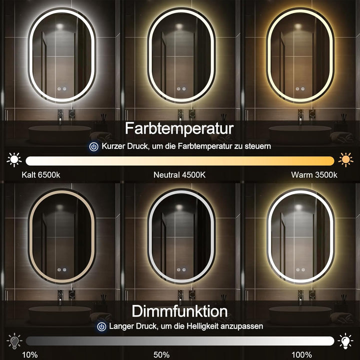 Badspiegel Mit Beleuchtung, 60x80 cm Oval Spiegel mit Beleuchtung, Badspiegel mit Touch-Schalter, Be