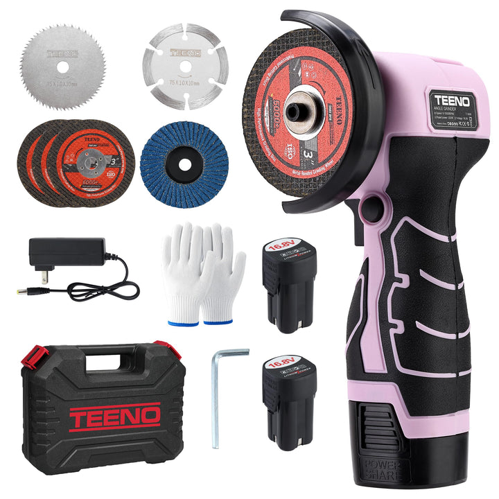 TEENO Mini Winkelschleifer Rosa 76 mm, Akku Winkelschleifer Kabellos 19.500 U/min mit 2 Akkus 2000 m